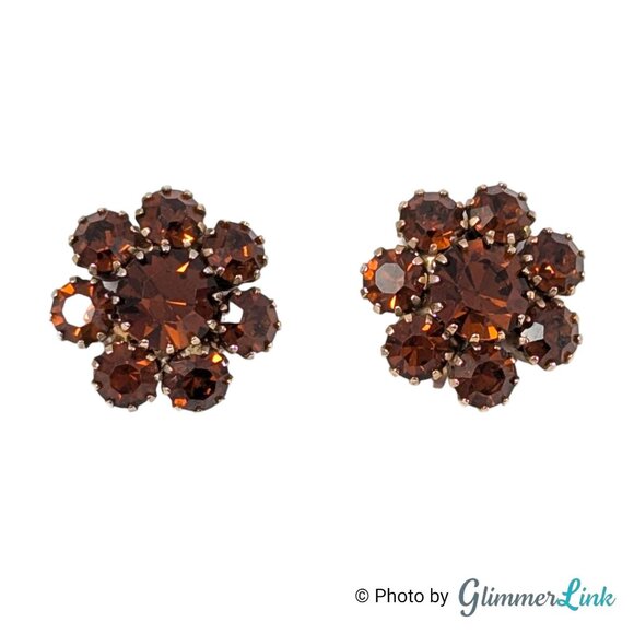 Vintage 1960s Brown Topaz Rhinestone Flower Cluster Clip On Earrings - Picture 4 of 9